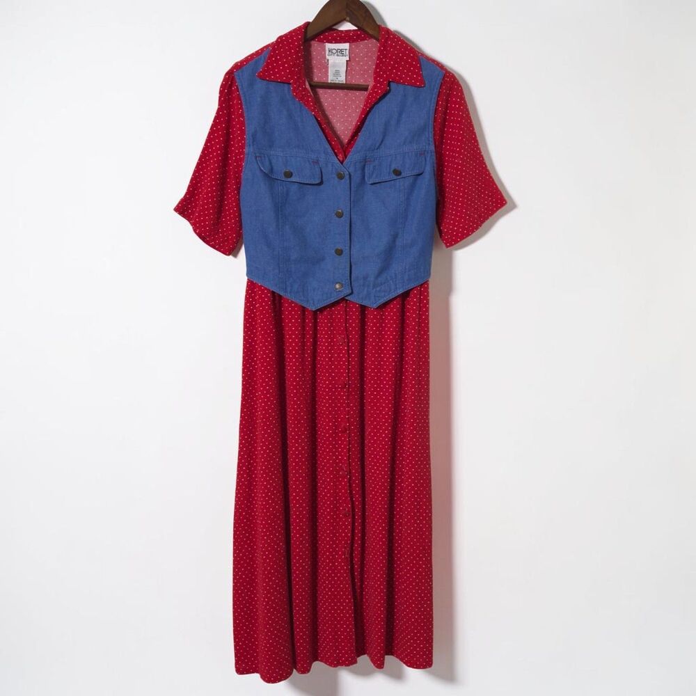 Koret City Blues Red Polka Dot Dress Denim Vest Size M Midi Short Sleeve Womens
